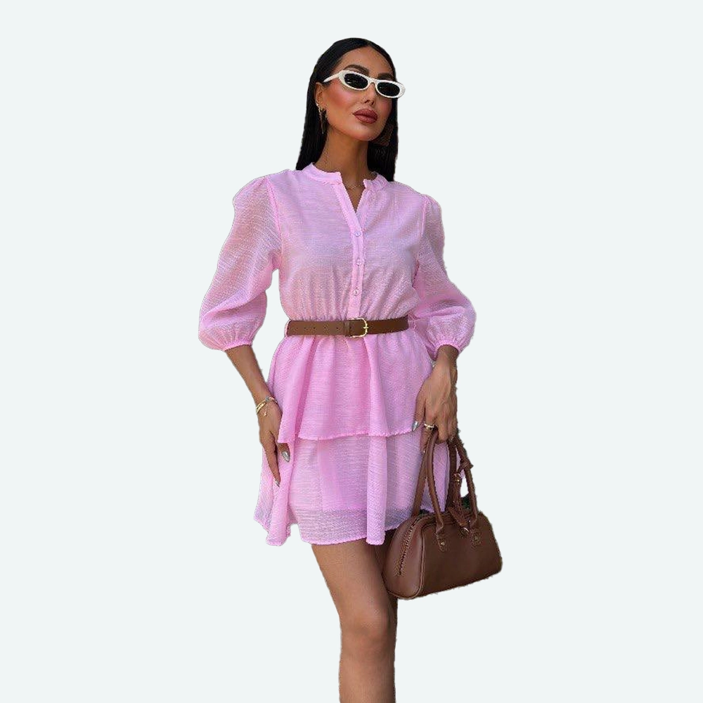 Летен ленен фустан со каиш - розов