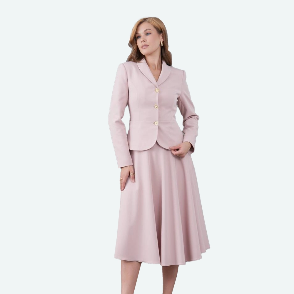 Елегантен женски сет – сако со сукња во розева-крем нијанса