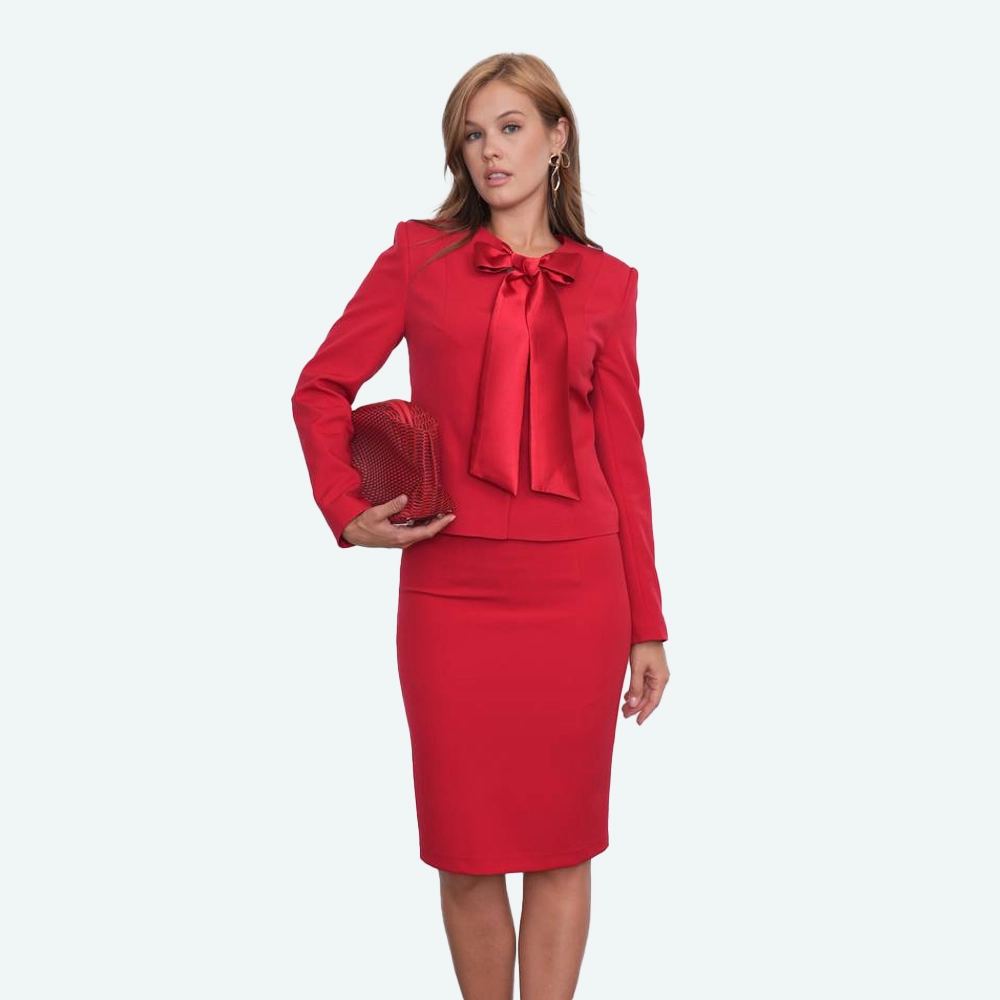 Елегантен женски сет – сако со здолниште во црвена нијанса