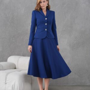 Елегантен женски сет – сако со сукња во кралско сина нијанса