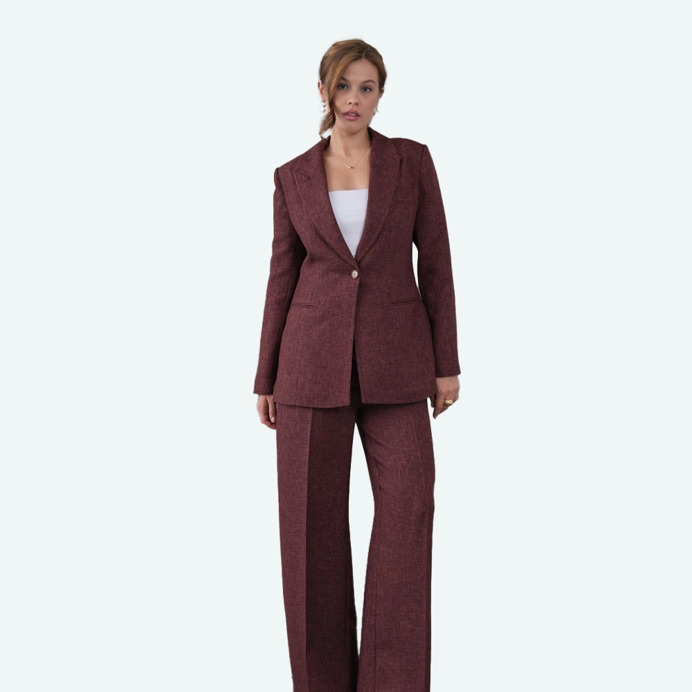 Елегантен женски комплет – сако и панталони, бордо нијанса