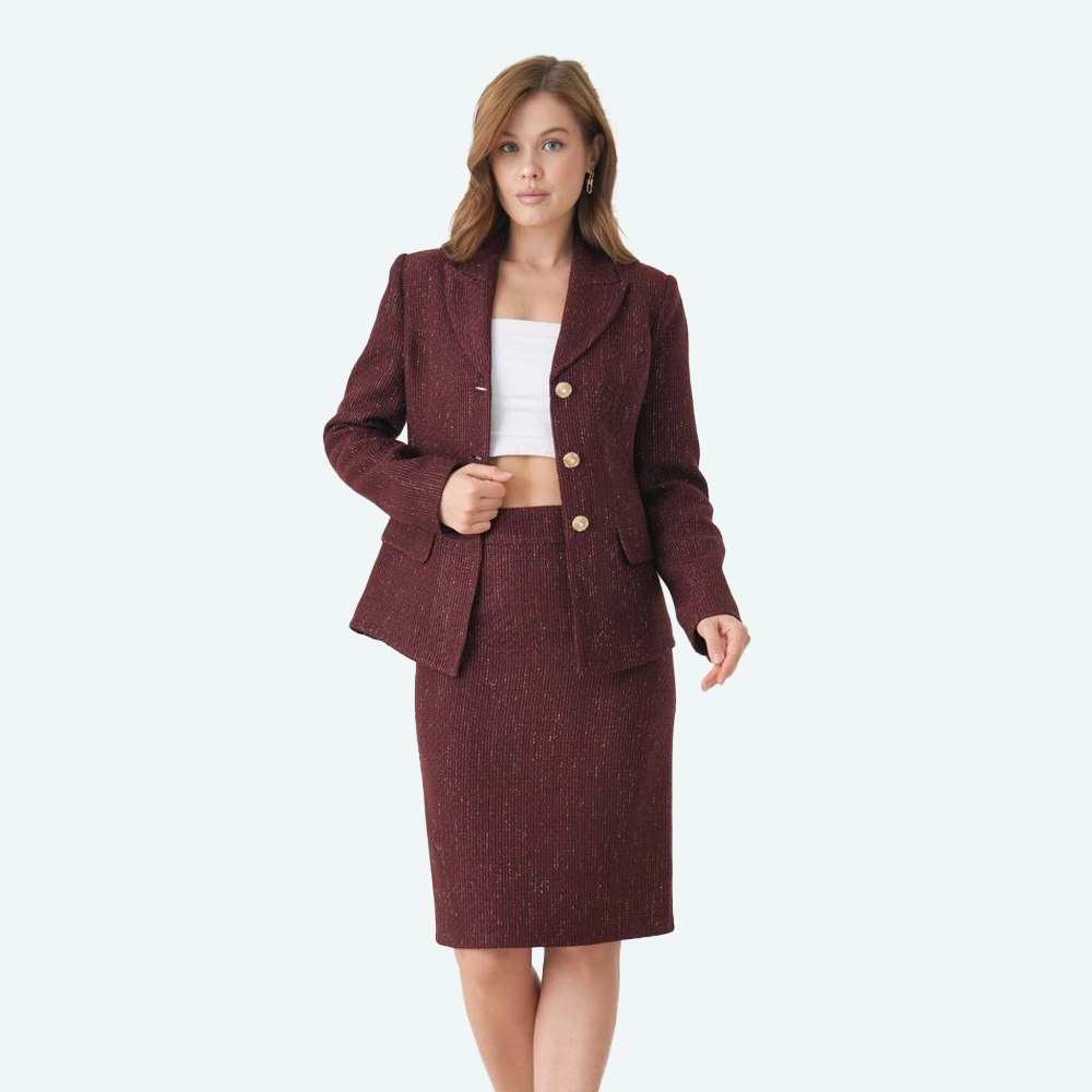 Елегантен женски сет – сако со здолниште во бордо нијанса
